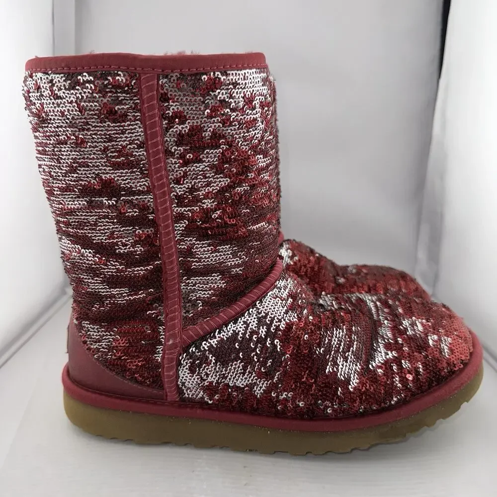 Ugg‎ Australia Women's Red And Silver Sequin Short Boot SN 1003121 US 7